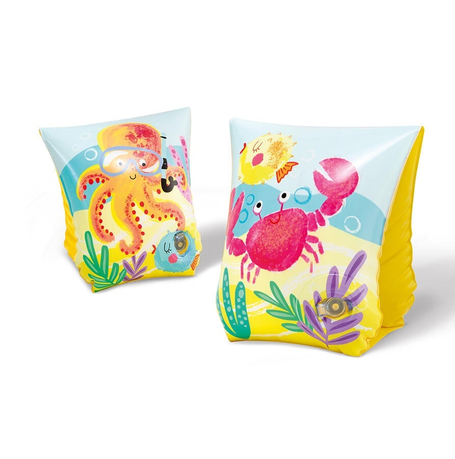 This image shows the side of the arm bands with the orange octopus and the red crab.