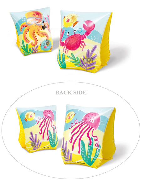 This image shows the front of the swim arm bands and the back. The front has an octopus, a crab, some fish and some underwater plants. The back has an octopus and a fish and some underwater plants.