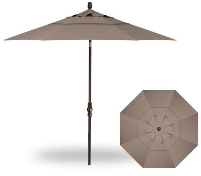 Taupe/tan colored market umbrella with a bronze pole.