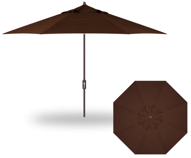 A brown market umbrella with a bronze pole.