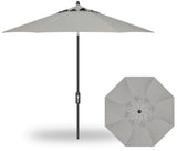 A silver linen colored market umbrella with a black pole.
