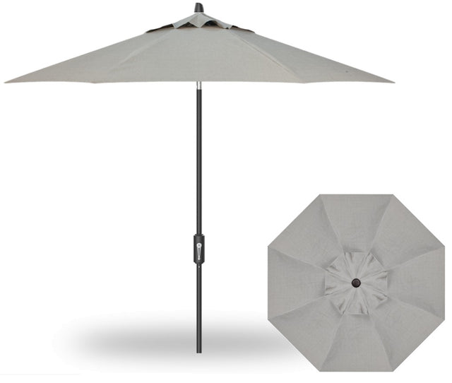 A silver linen colored market umbrella with a black pole.