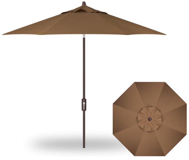 A brown colored market umbrella with a bronze pole.
