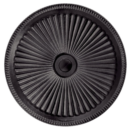 An up close view of the top of the black colored umbrella base.