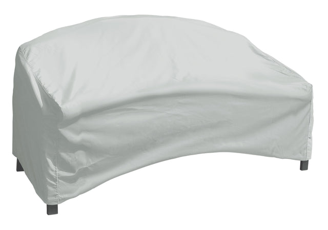 Protective outdoor furniture cover. The color is light gray. It fits a curved sofa.