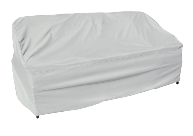 Protective outdoor furniture cover. The color is light gray. It fits an outdoor sofa.