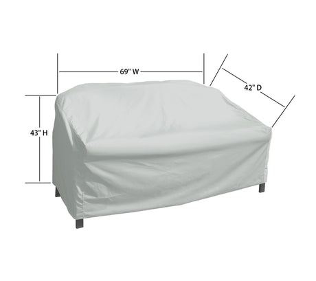 This image shows the dimensions of this particular outdoor furniture cover. It measures 42 inches in diameter. It measures 69 inches wide and 43 inches tall.