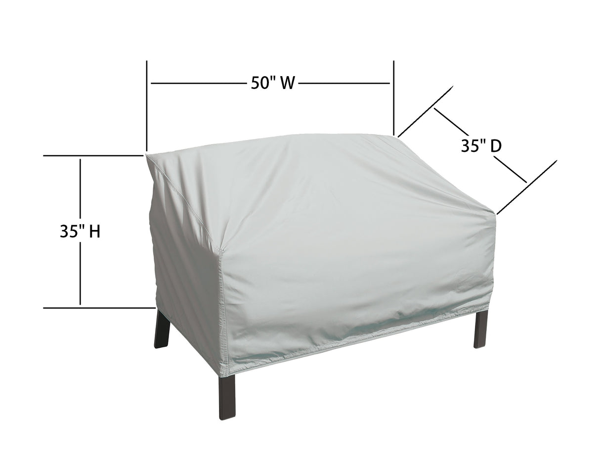 This image shows the dimensions of this particular outdoor furniture cover. It measures 35 inches in diameter. It measures 50 inches wide and 35 inches tall.
