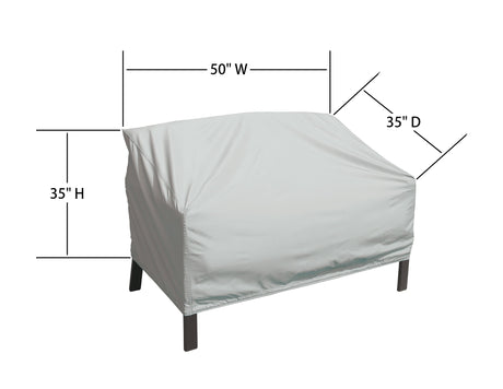 This image shows the dimensions of this particular outdoor furniture cover. It measures 35 inches in diameter. It measures 50 inches wide and 35 inches tall.