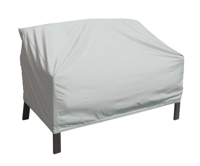 Protective outdoor furniture cover. The color is light gray. It fits a loveseat.