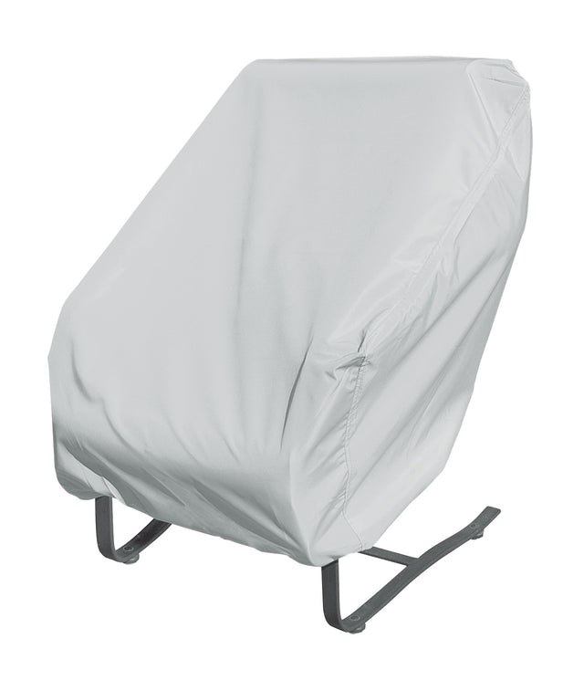 Protective outdoor furniture cover. The color is light gray. It fits large lounge chairs.