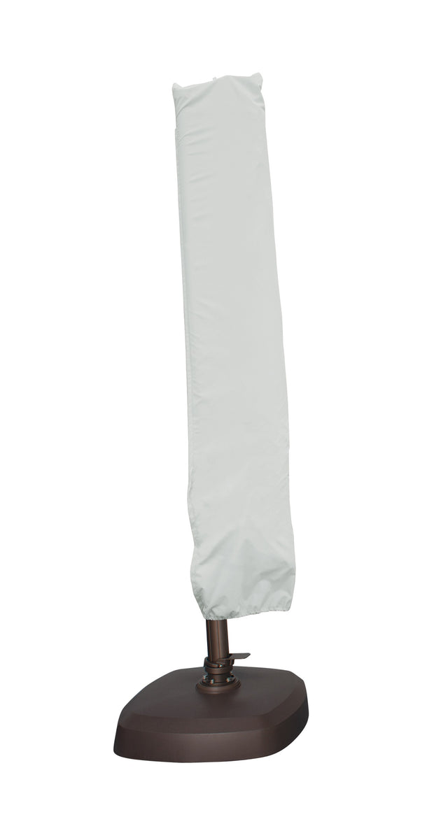 Protective outdoor furniture cover. The color is light gray. It fits a AKZP Cantilever Style Umbrella measuring 10', 10' x 13'. 11' and 13'.