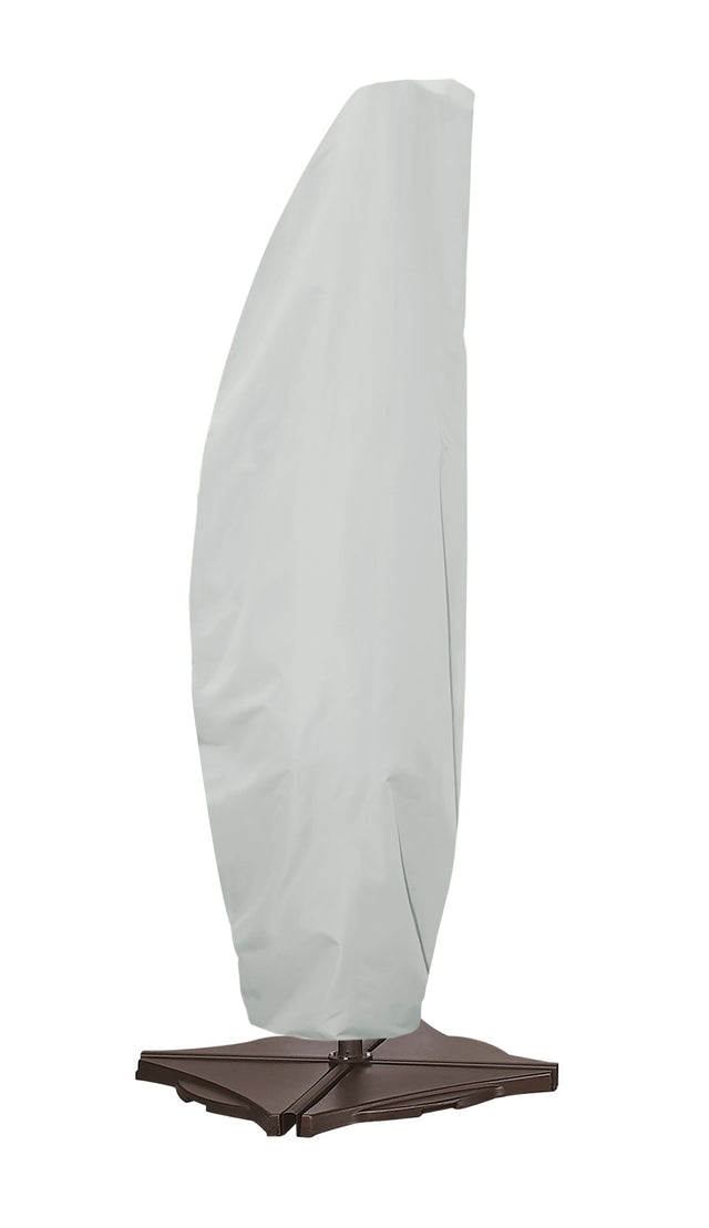 Protective outdoor furniture cover. The color is light gray. It fits an AG19A Cantilever Style Umbrella.