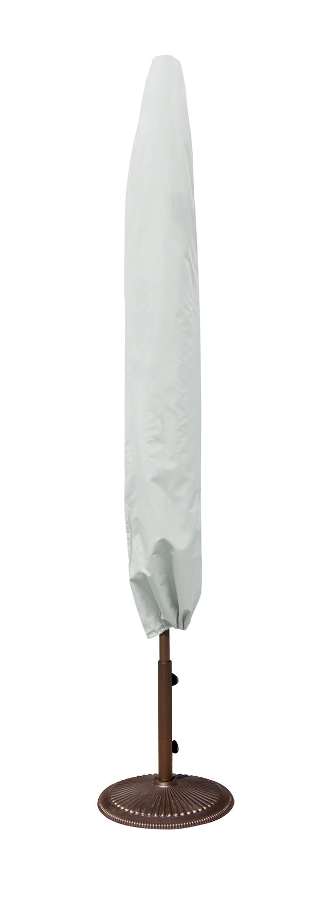 Protective outdoor furniture cover. The color is light gray. It fits an extra large rectangular market style umbrella measuring up to 10 ft. by 13 ft.