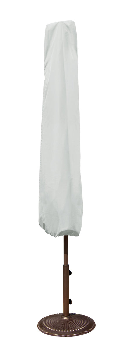 Protective outdoor furniture cover. The color is light gray. It fits a 9 ft. to 11 ft. market style umbrellas.