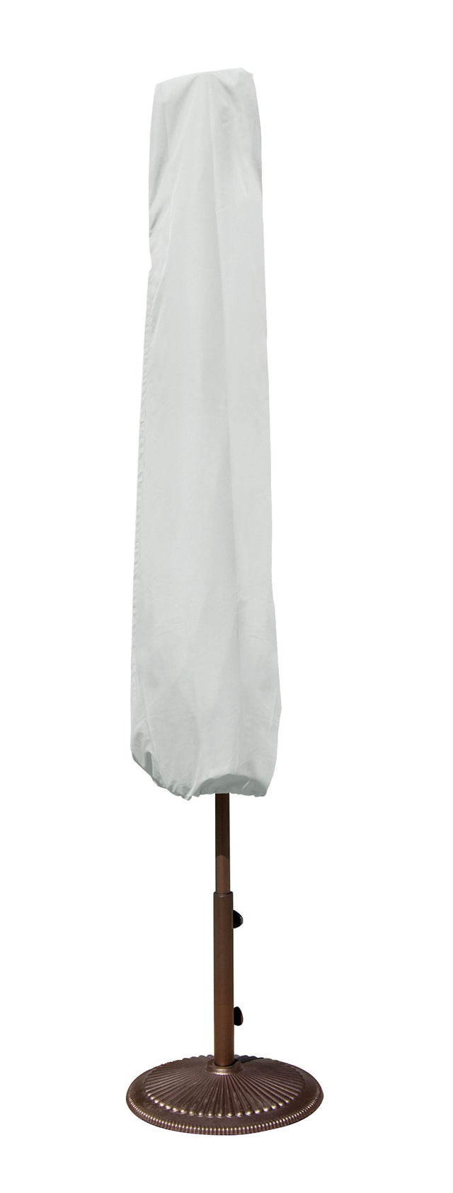 Protective outdoor furniture cover. The color is light gray. It fits a 9 ft. to 11 ft. market style umbrellas.