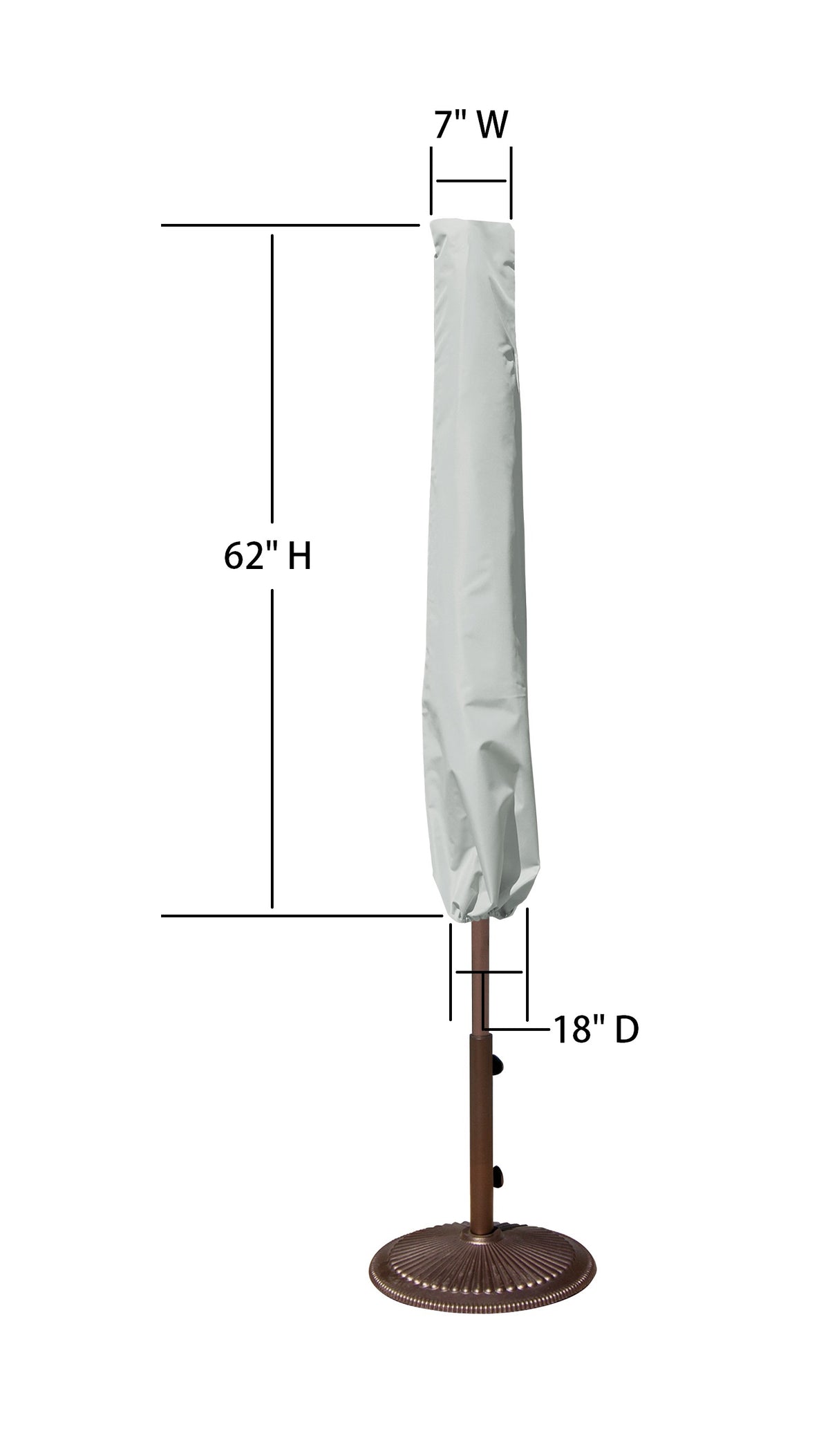This image shows the dimensions of this particular outdoor furniture cover. It measures 18 inches in diameter. It measures 7 inches wide and 62 inches tall.