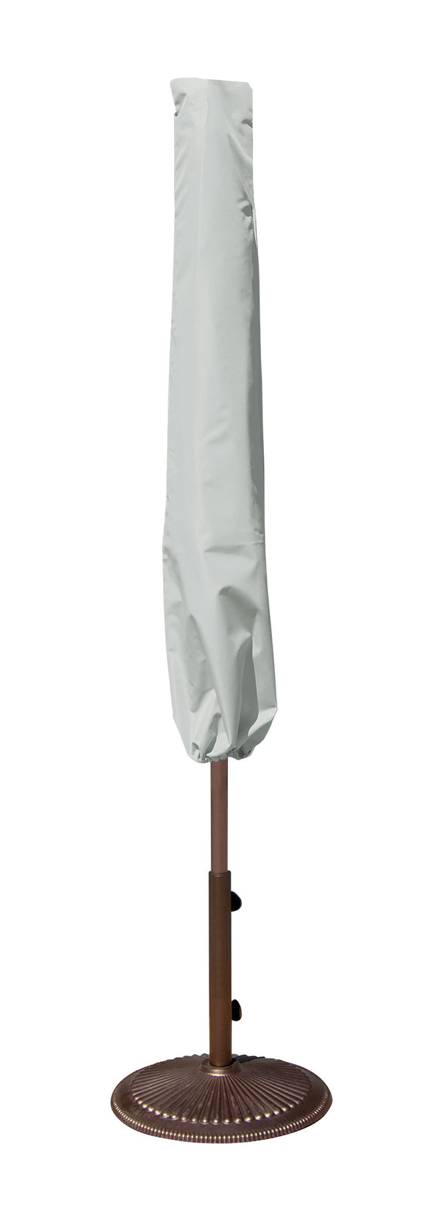 Protective outdoor furniture cover. The color is light gray. It fits 6 ft. to 8.5 ft. market style umbrellas.