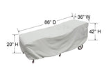 This image shows the dimensions of this particular outdoor furniture cover. It measures 86 inches in diameter. It measures 36 inches wide and 42 inches tall. The front part of the cover measures 20 inches tall.