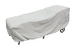 Protective outdoor furniture cover. The color is light gray. It fits a large chaise lounge.