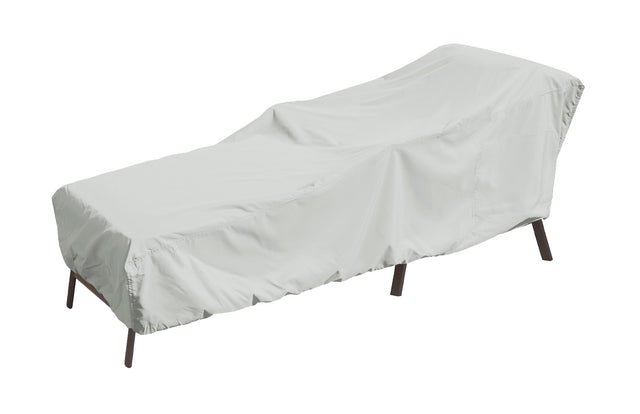 Protective outdoor furniture cover. The color is light gray. It fits a small chaise lounge.