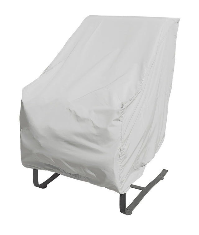 Protective outdoor furniture cover. The color is light gray. It fits a dining chair.