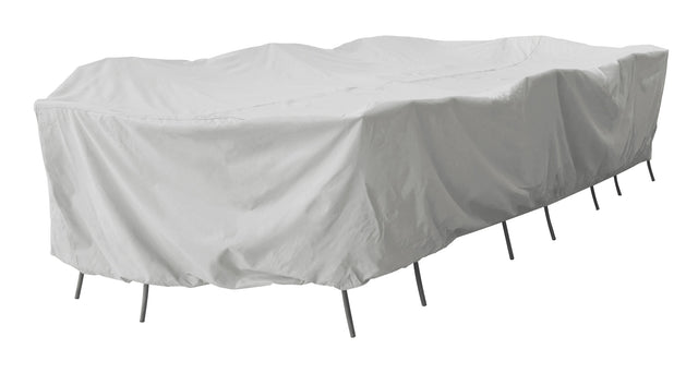 Protective outdoor furniture cover. The color is light gray. It fits X-Large Oval/Rectangle Table & Chairs.