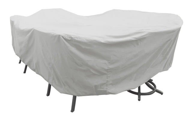 Protective outdoor furniture cover. The color is light gray. It fits Large Oval/Rectangle Table & Chairs.