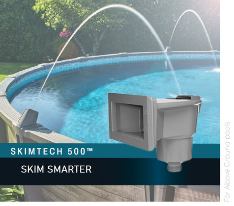 This image shows a Carvin pool and what the gray version of this wide mouth skimmer looks like. It also reads "SkimTech 500™ Skim Smarter. For above ground pools."