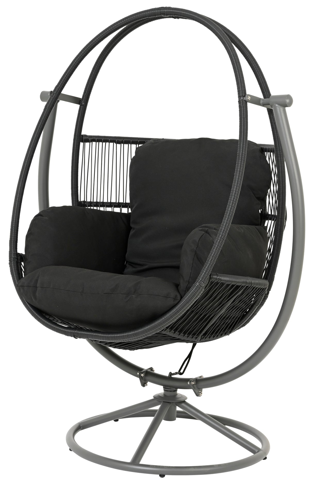 Wicker chair shaped like an egg. This is the black option.