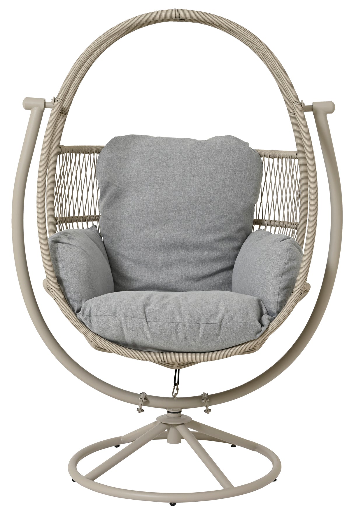 Wicker chair shaped like an egg. This is the gray option.