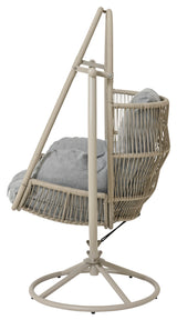 Wicker chair shaped like an egg. This is the gray option. This is the view from the side.