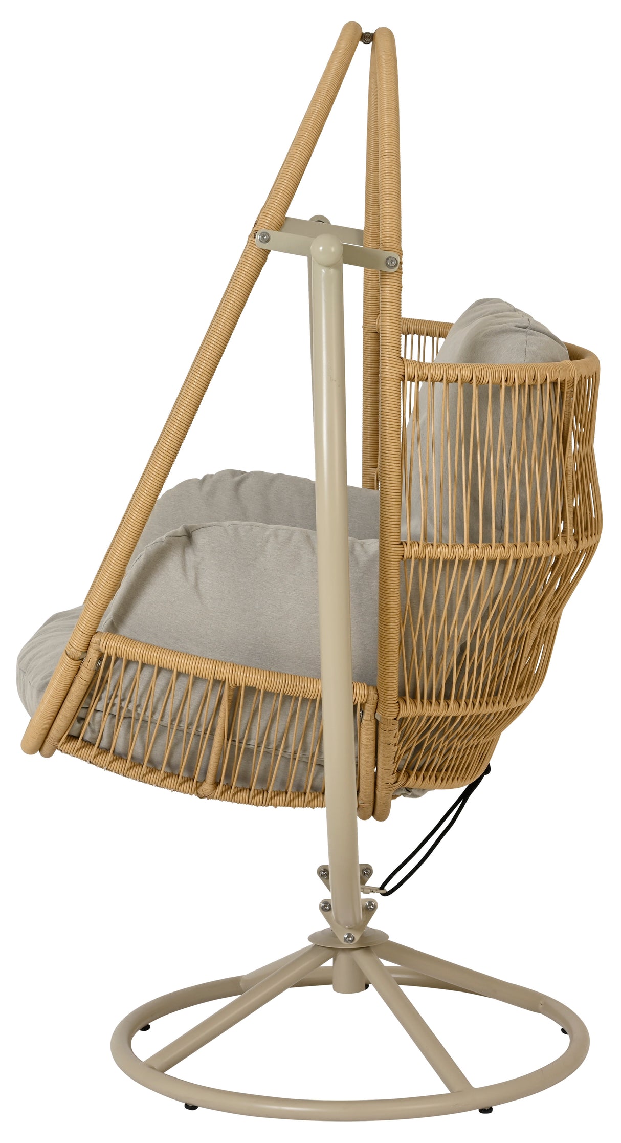 Wicker chair shaped like an egg. This is the beige option. This is the view from the side.