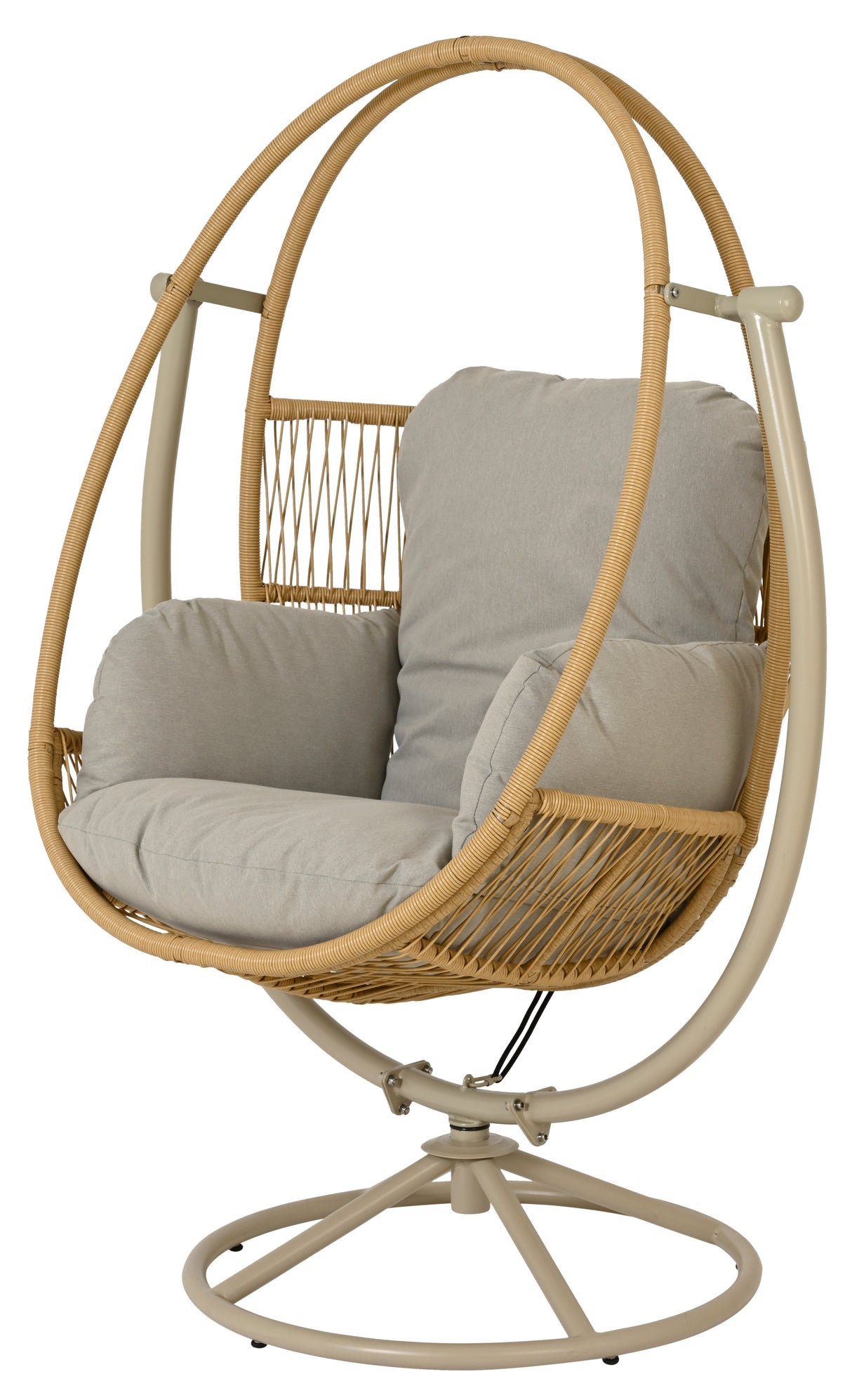 Wicker chair shaped like an egg. This is the beige option.
