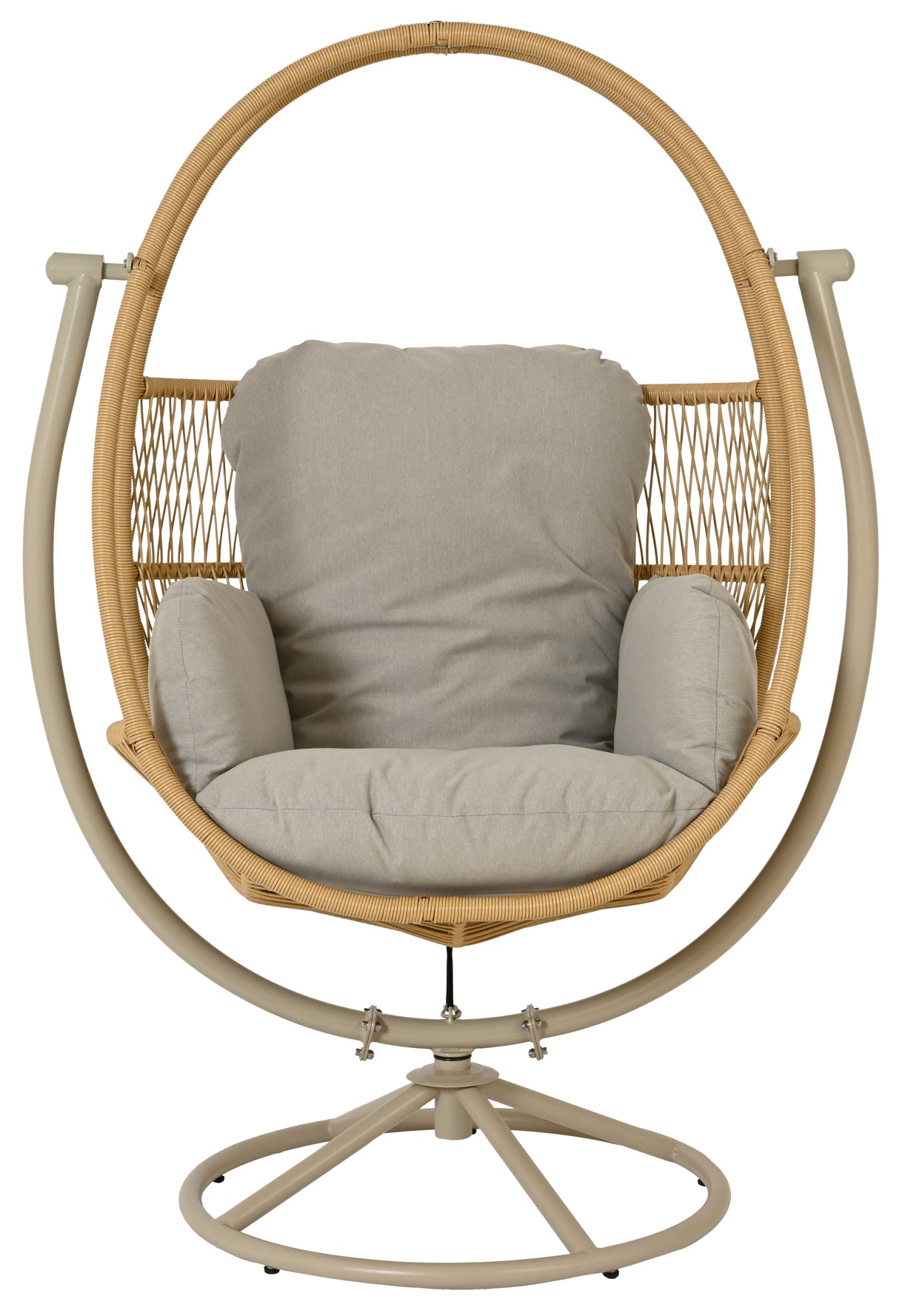 Wicker chair shaped like an egg. This is the beige option.