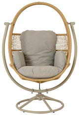 Wicker chair shaped like an egg. This is the beige option.