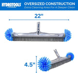 This pool brush features an oversized construction. Extra cleaning area for a deeper clean. It measures 4.5 inches tall and 22 inches wide.