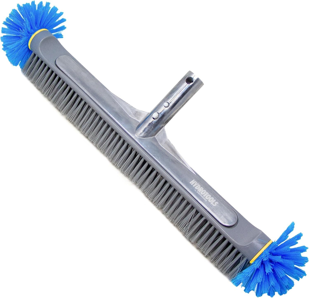 Pool brush with bristles on the sides and underneath. The head is gray, the side bristles are blue and the bristles underneath are gray.