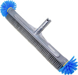 Pool brush with bristles on the sides and underneath. The head is gray, the side bristles are blue and the bristles underneath are gray.