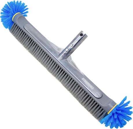 Pool brush with bristles on the sides and underneath. The head is gray, the side bristles are blue and the bristles underneath are gray.