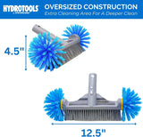 This pool brush features an oversized construction. Extra cleaning area for a deeper clean. It measures 4.5 inches tall and 12.5 inches wide.