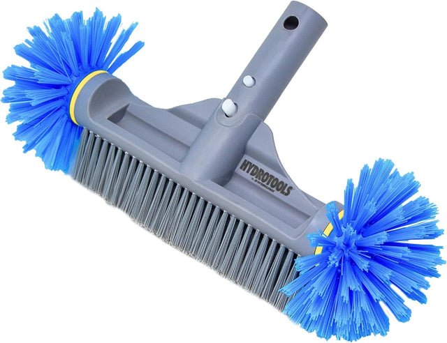 Pool brush with bristles on the sides and underneath. The head is gray, the side bristles are blue and the bristles underneath are gray.