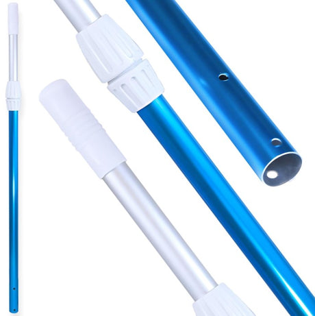 Telescopic pole that comes in two parts. Can be adjusted from 6 ft. to 12 ft. The pole is a shiny blue and silver color.
