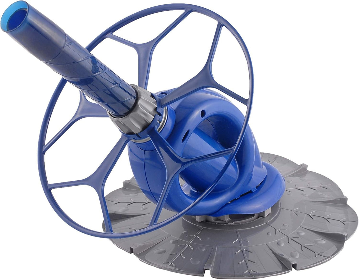 Automatic pool vacuum. The body is blue and the front part is gray.