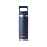 Navy colored 18 oz. YETI water bottle. This image shows what the bottle looks like when the straw is down.