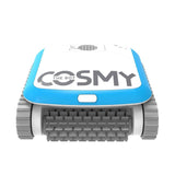 Robotic pool cleaner. Body is blue and white with gray bristles. This is a view of it from the front.