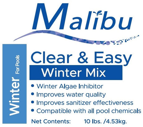 This is the information written on the 10 pound pail. It reads "Malibu Clear & Easy Winter Mix. Winter for pools. Winter algae inhibitor. Improves water quality. Improves sanitizer effectiveness. Compatible with all pool chemicals. Net contents: 10 lbs. 4.53kg."