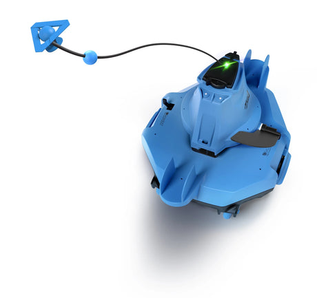 Cordless robotic pool vacuum. The body is blue and black and can move without supervision.