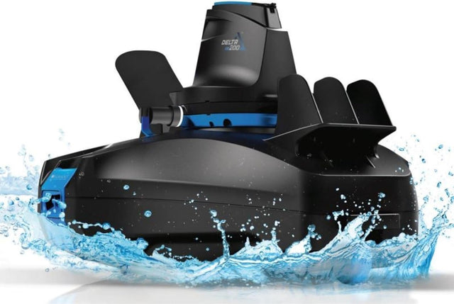 Cordless robotic pool vacuum. Body is black with hints of blue.