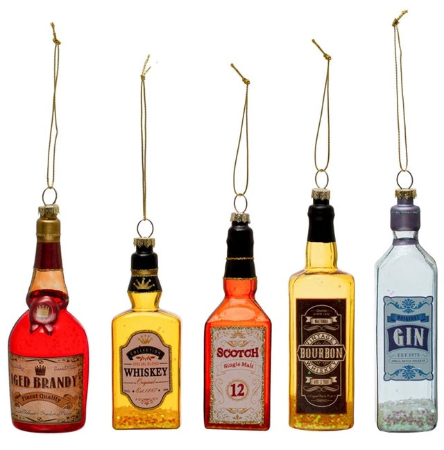 Ornament shaped like a miniature bottle of alcohol. One ornament is red and reads "Aged Brandy." One ornament is yellow and reads "Whiskey." One ornament is orange and reads "Scotch." One ornament is yellow and reads "Bourbon." One ornament is light blue and reads "Gin." Each ornament has glitter inside.